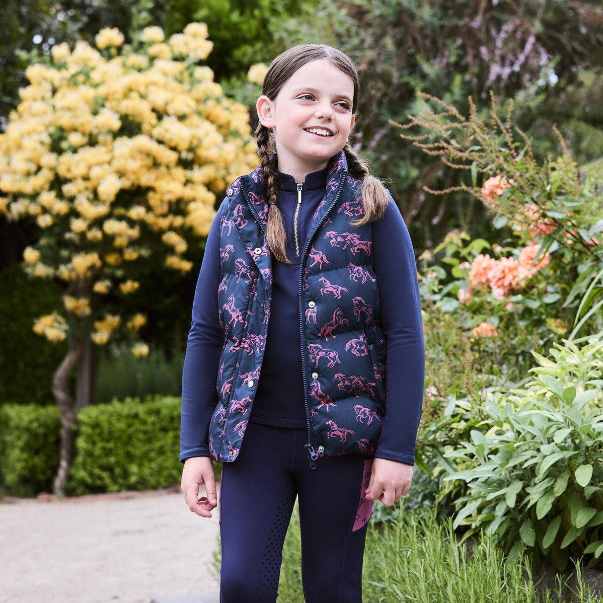 Dublin Kids Patrice Everyday Puffer Vest #colour_navy-frolicking-horses